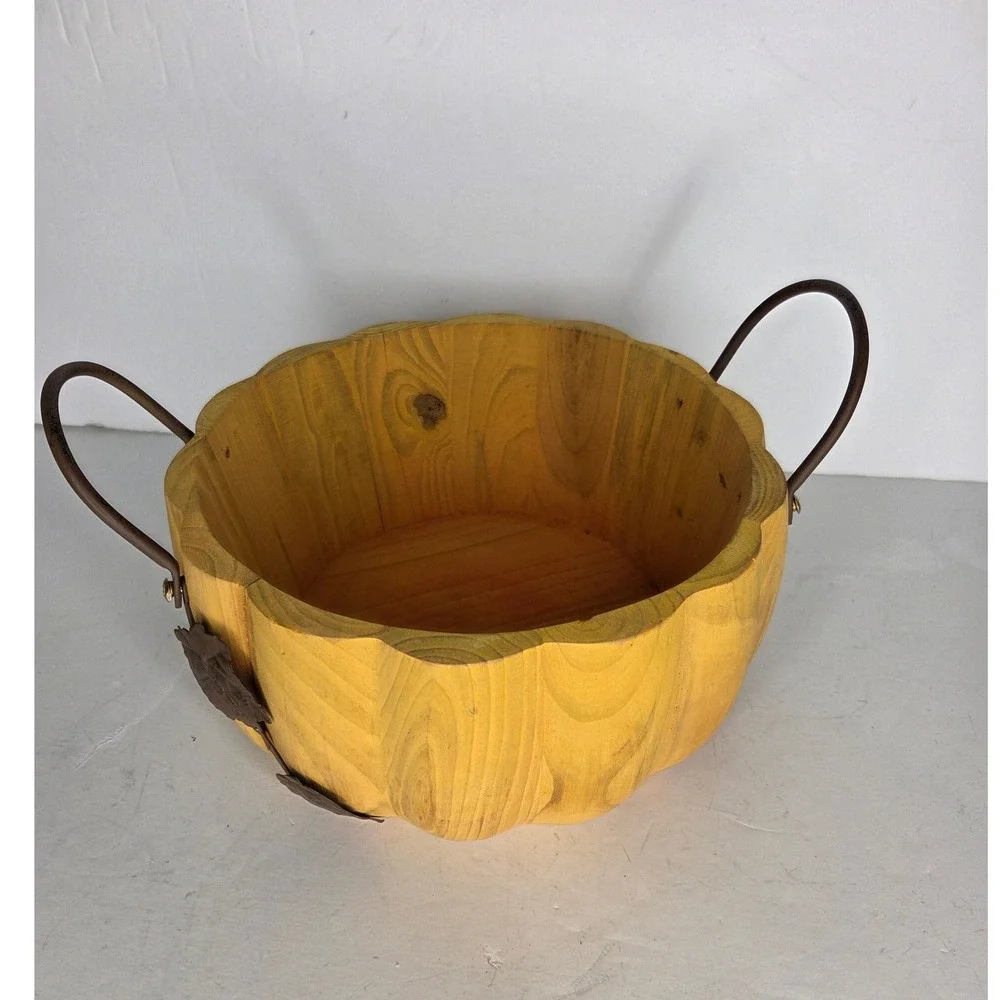 Pier 1 Rustic Wooden Pumpkin Bowl Scalloped Edge Metal Handles Harvest Fall